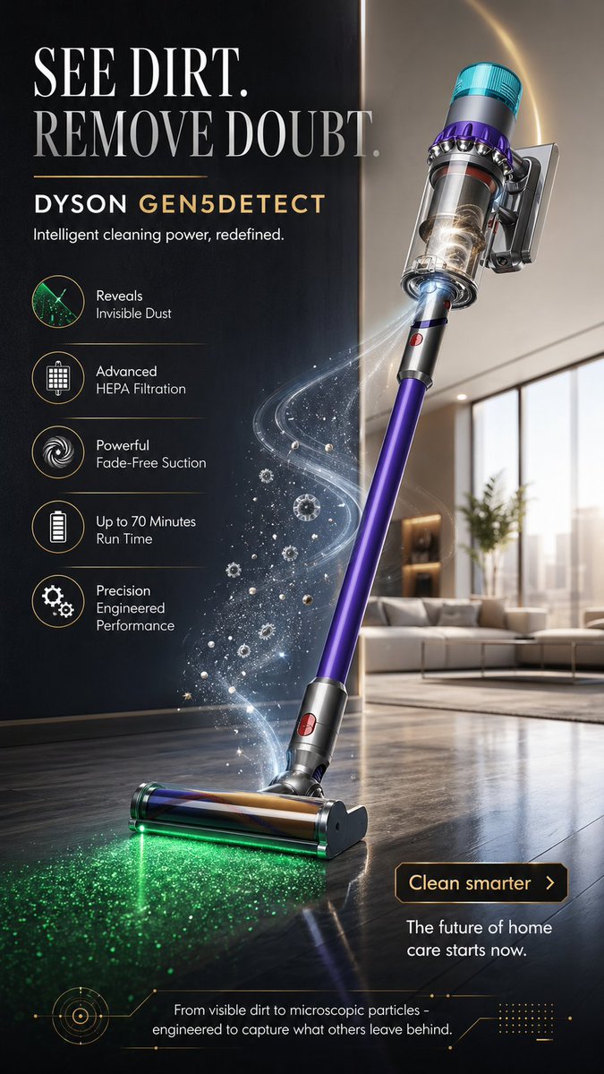 Create a visually brilliant 9:16 premium advertising poster for "DYSON …