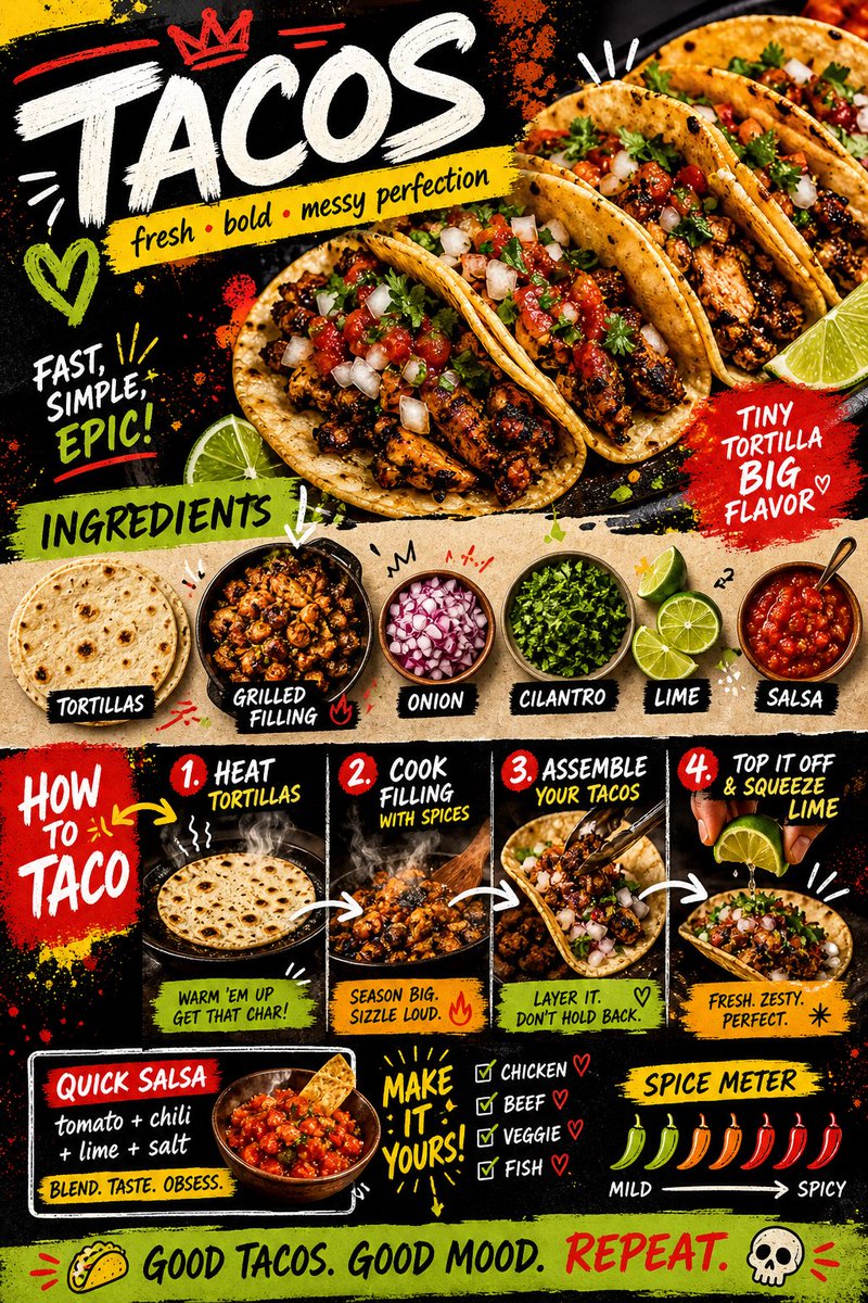 Create a bold, vibrant, street-style recipe card for “Tacos” designed f…