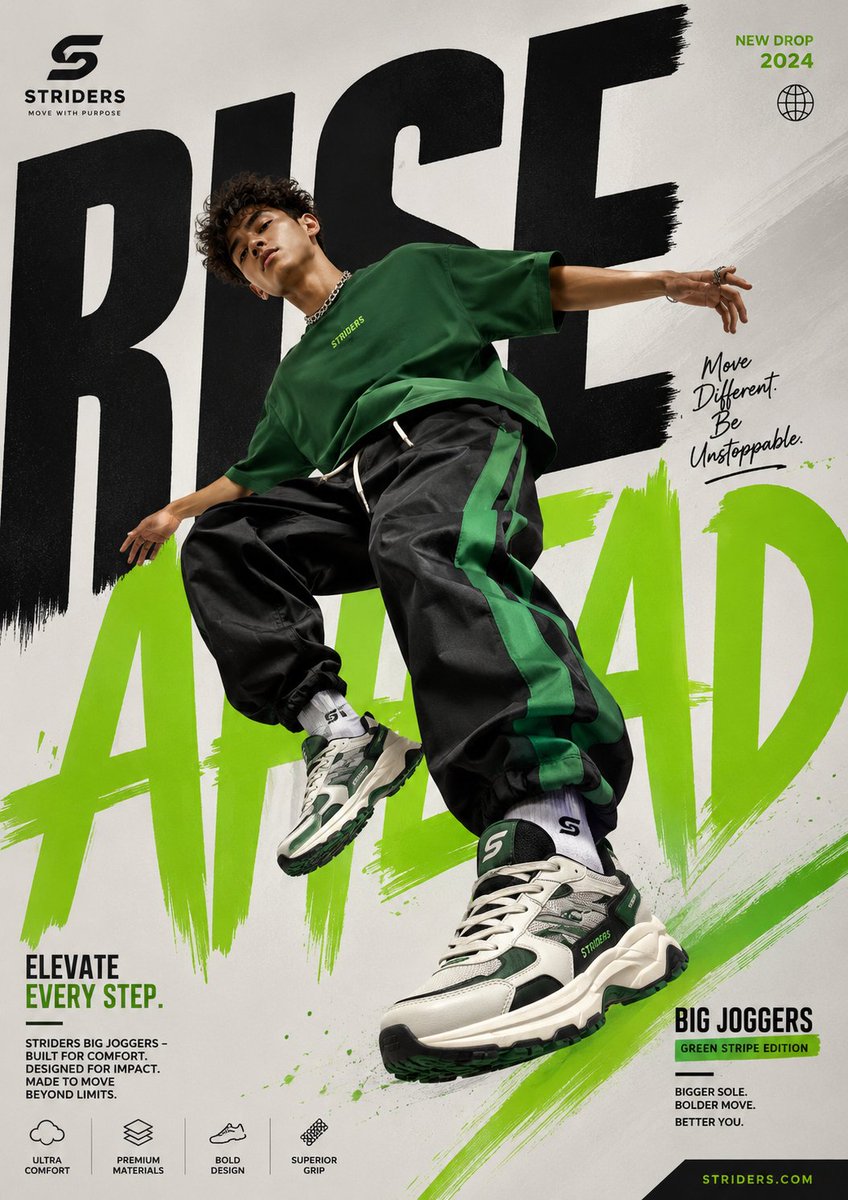Generate a perfectly graphic designed poster of Shoe advertisement, The…