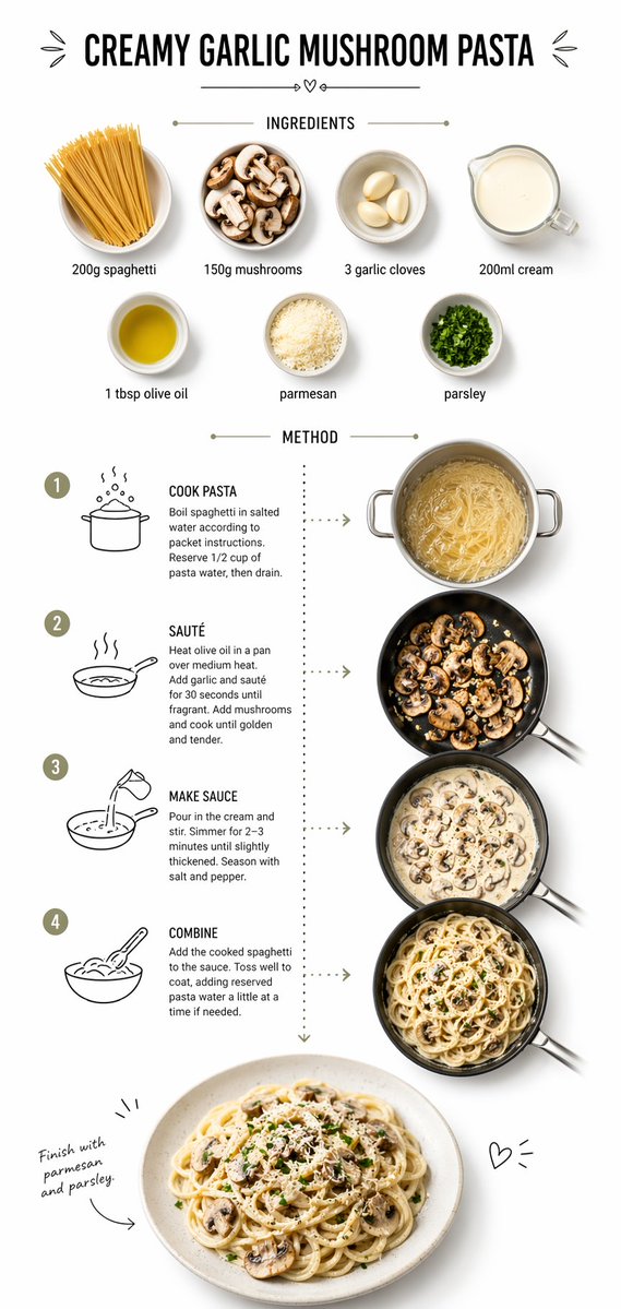 Create step-by-step recipe infographic for creamy garlic mushroom pasta…