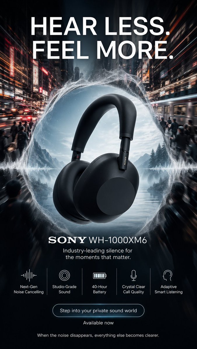 Create a high-end 9:16 vertical advertising poster for "SONY WH-1000XM6…