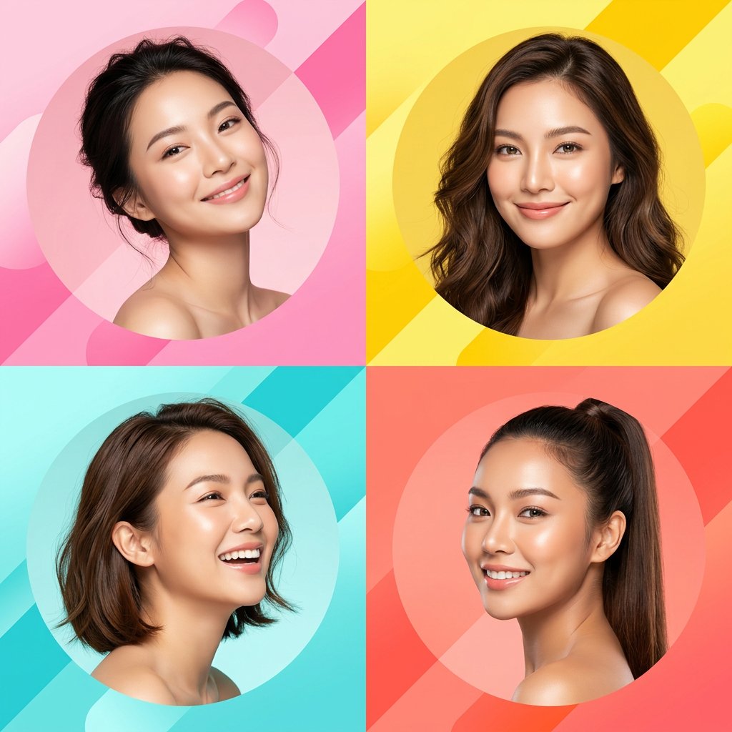 Ultra-modern high-end skincare advertising collage featuring four beaut…