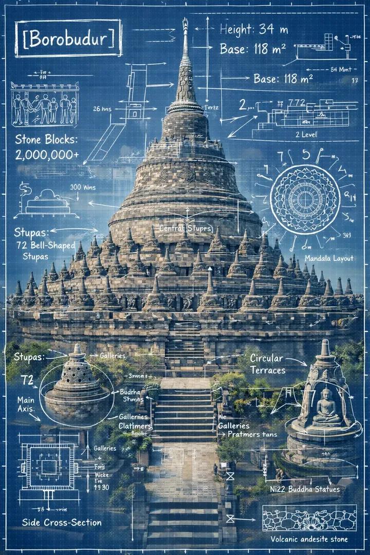 Create an infographic image of [LANDMARK], combining a real photograph …