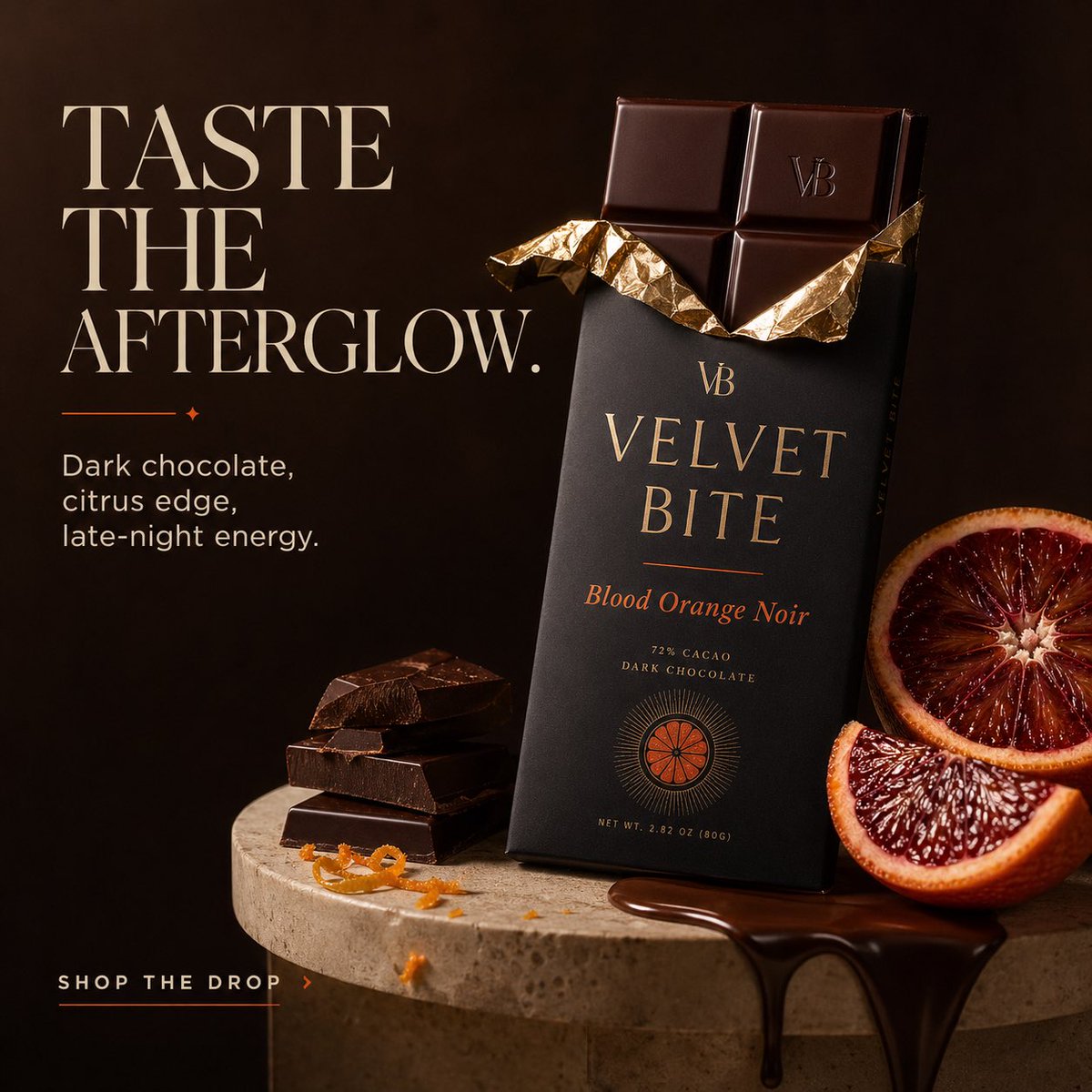 Create a premium ad for a fictional luxury chocolate brand called Velve…