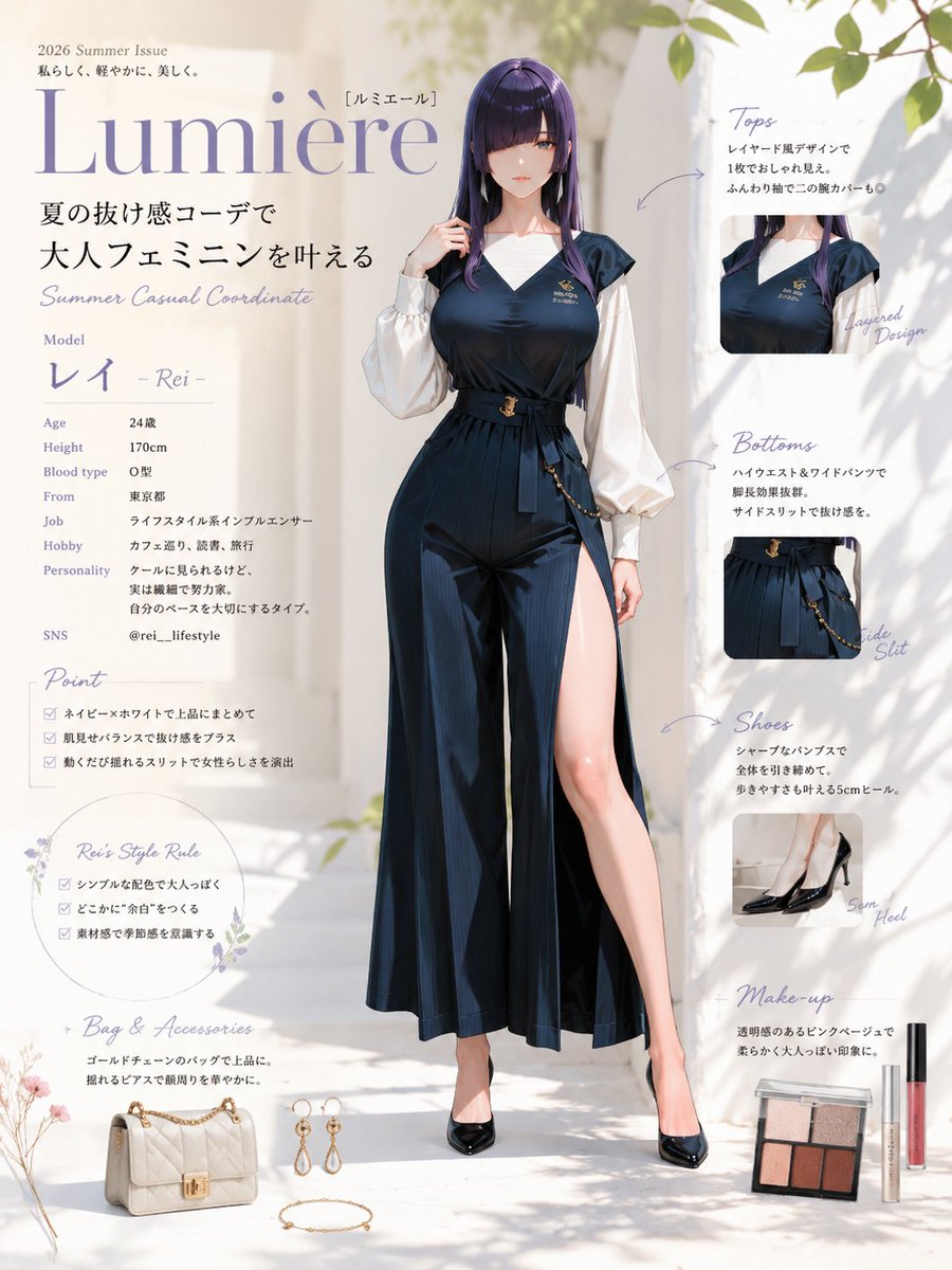 A stylish young woman with sleek, dark violet hair stands in a minimali…