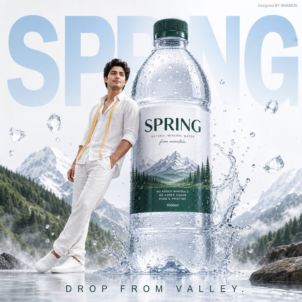 A premium mineral water advertisement poster featuring a fresh-faced yo…