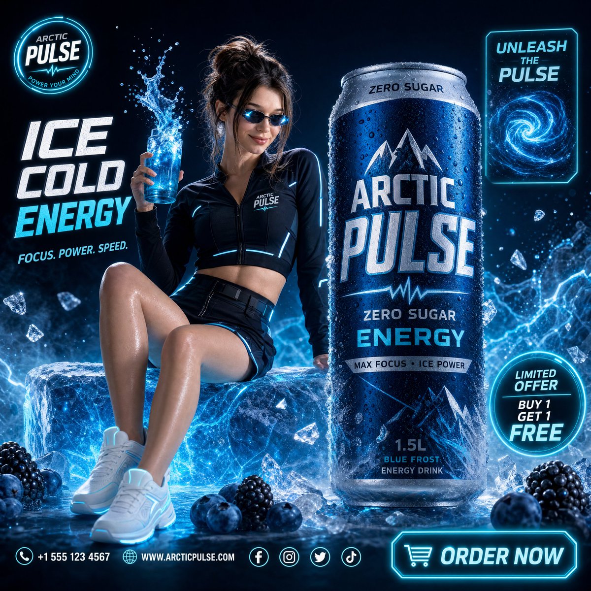 A high-end commercial beverage advertisement for "Arctic Pulse Energy D…