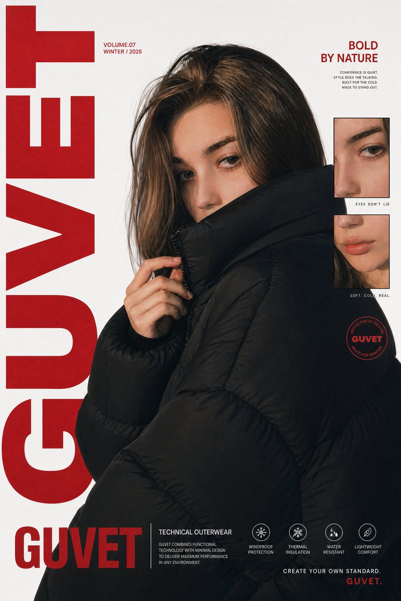 A bold fashion editorial poster featuring a young woman model in a clos…