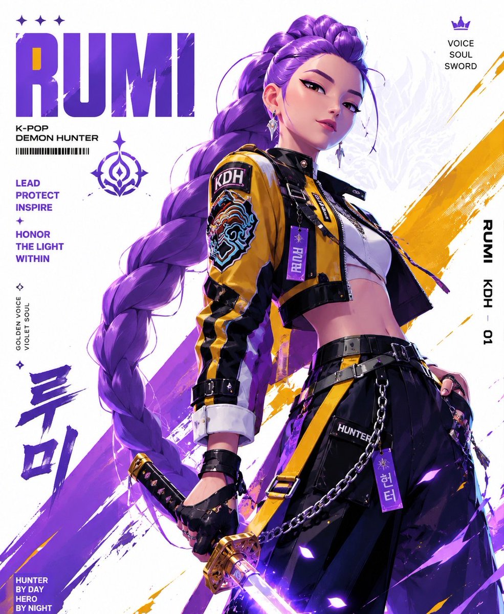 Create a stylized illustration of Rumi from the anime series Kpop demon…