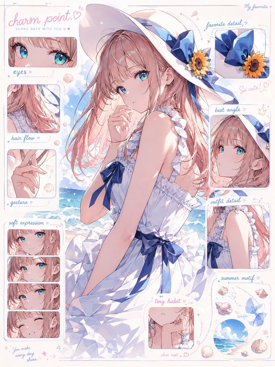 入力されたキャラクター画像をもとに、 そのキャラクターの「魅力解剖図」を1枚のビジュアルとして作成してください。 これは通常のキャラクター設定…