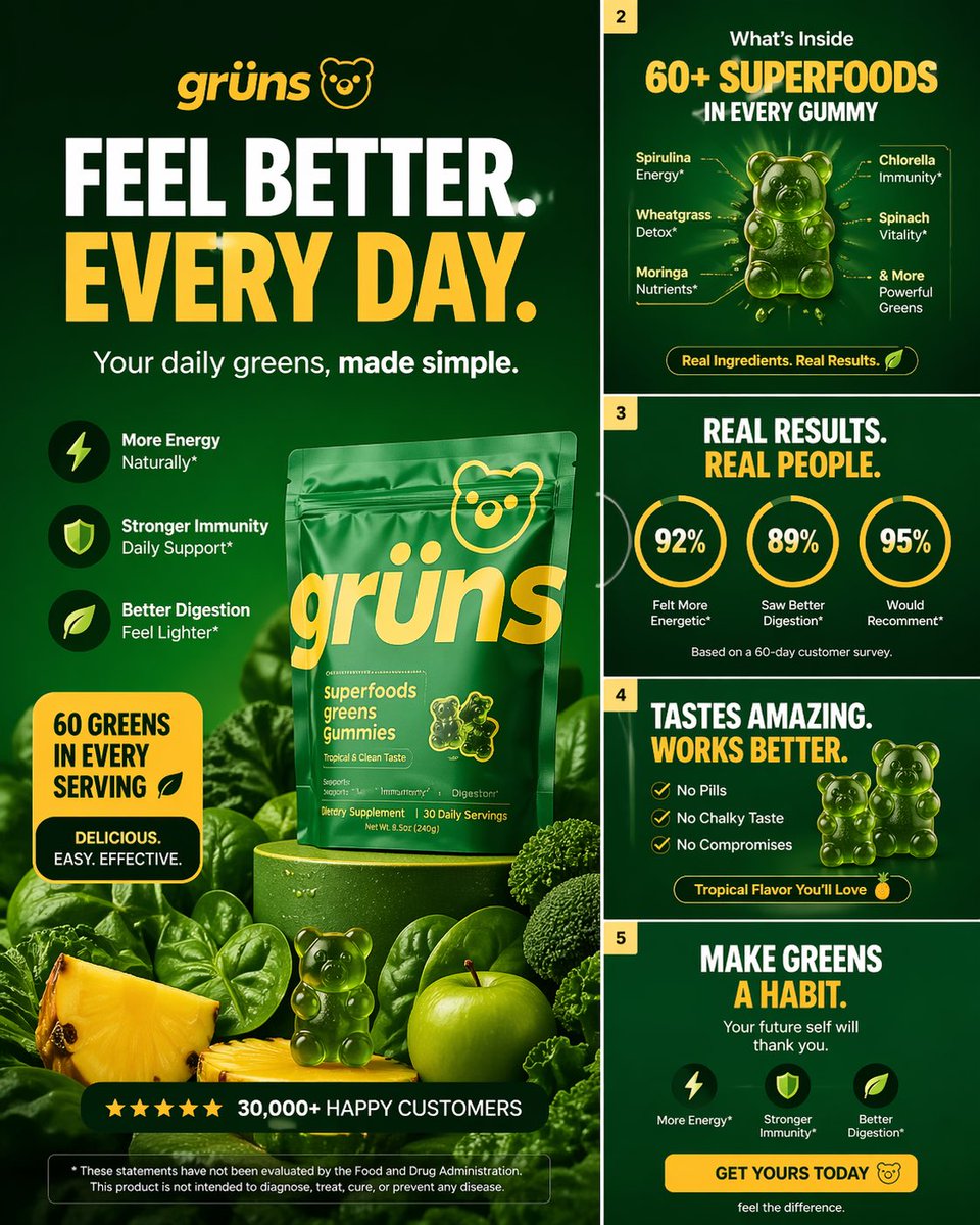 Create a high-converting carousel image for Grüns (greens gummies). Bol…