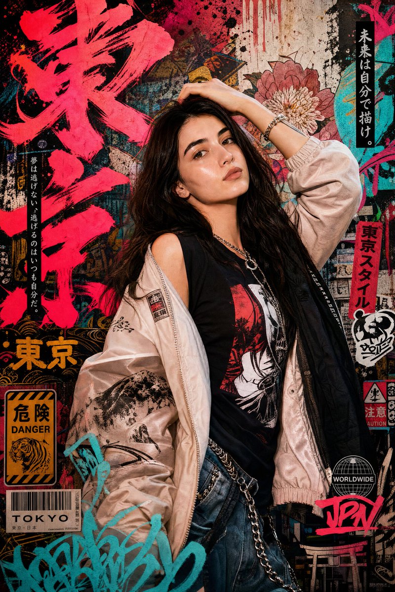 Create a high-detail portrait poster in a bold Japanese graffiti-inspir…
