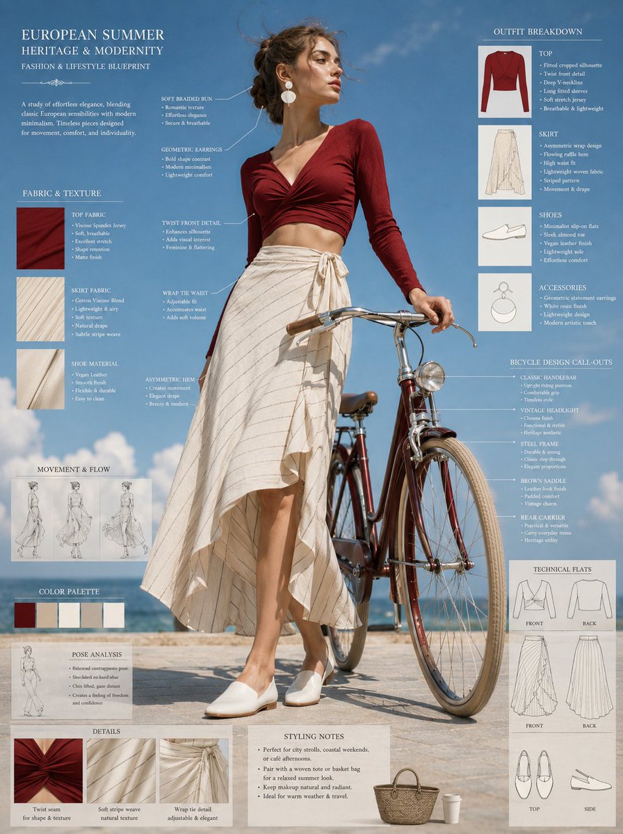 Fashion blueprint sheet of an elegant young woman posing beside a vinta…