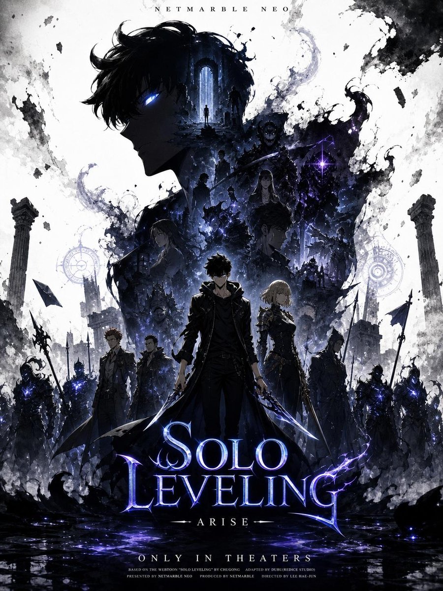 Create a promotional poster of a SOLO LEVELING-themed character with a …