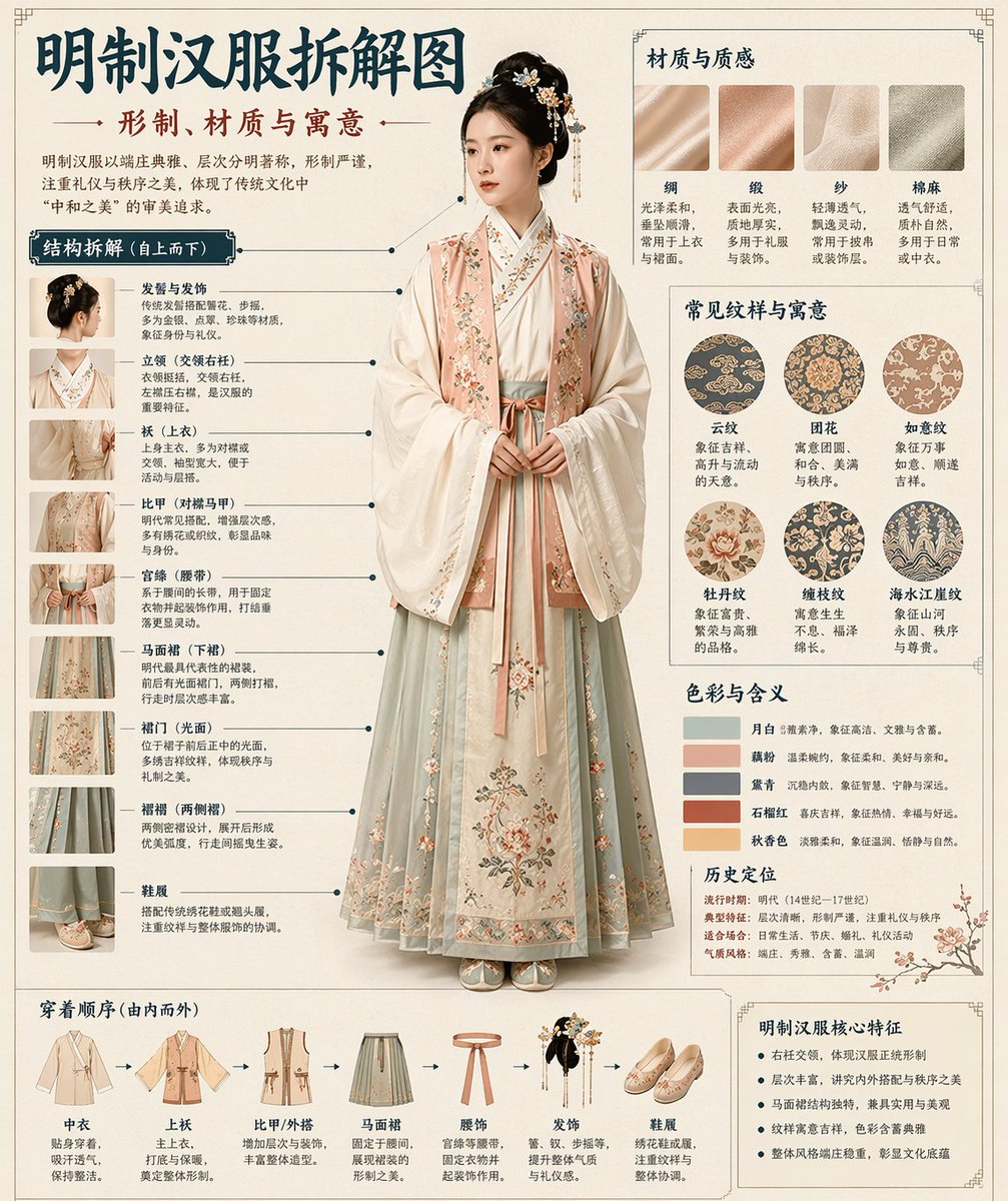 请根据[主题]自动生成一张[博物馆图鉴式中文拆解信息图]。 要求整张图兼具真实写实主视觉、结构拆解、中文标注、材质说明、纹样寓意、色彩含义和核…