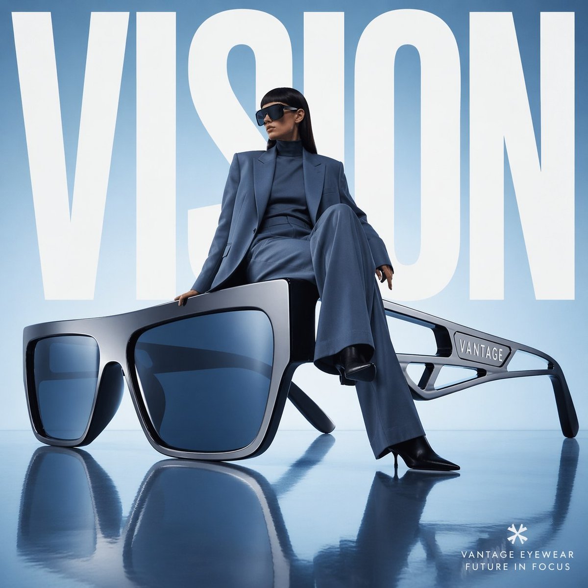Avant-garde fashion advertisement, oversized futuristic sunglasses posi…