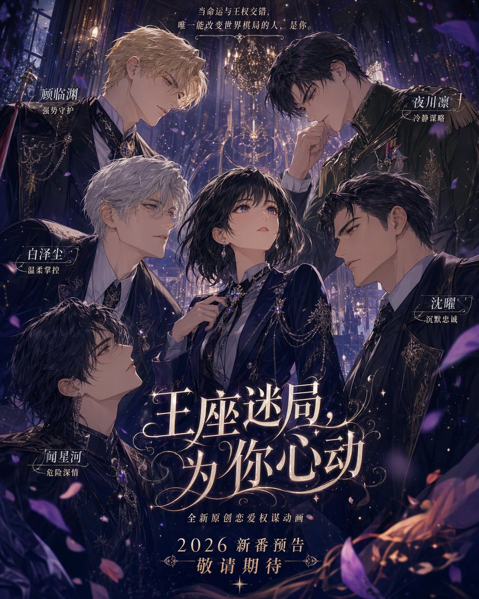 请创作一张【主题为：】的[乙女恋爱游戏主视觉海报]风格的二次元宣传图。 整体设定为：多位具有强烈权力感、领袖气场、成熟魅力的男性角色，围绕一位…