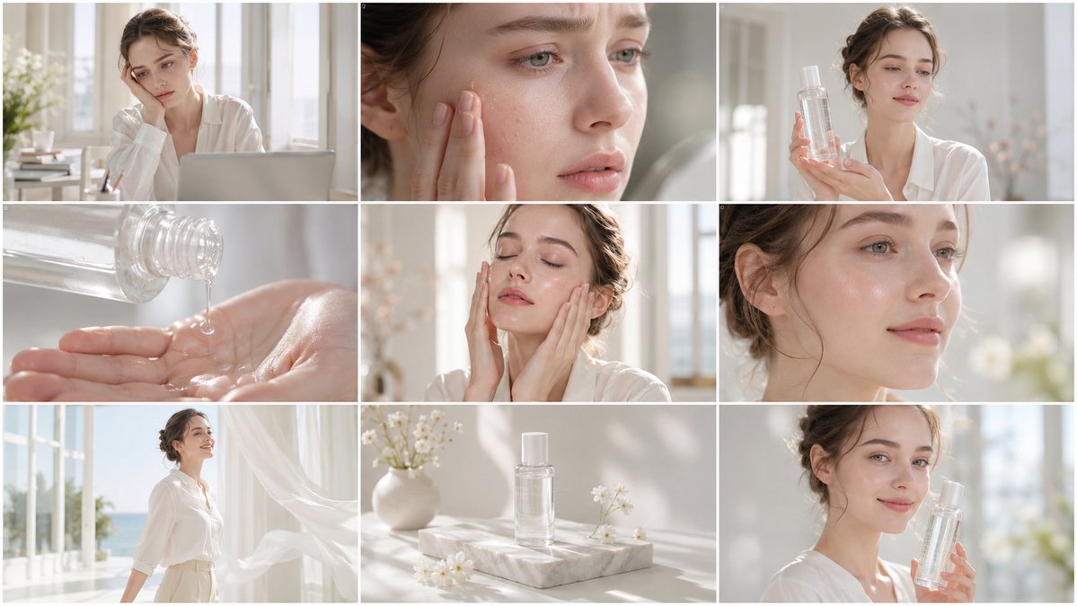 Create a clean, bright skincare commercial storyboard in a 16:9 layout …