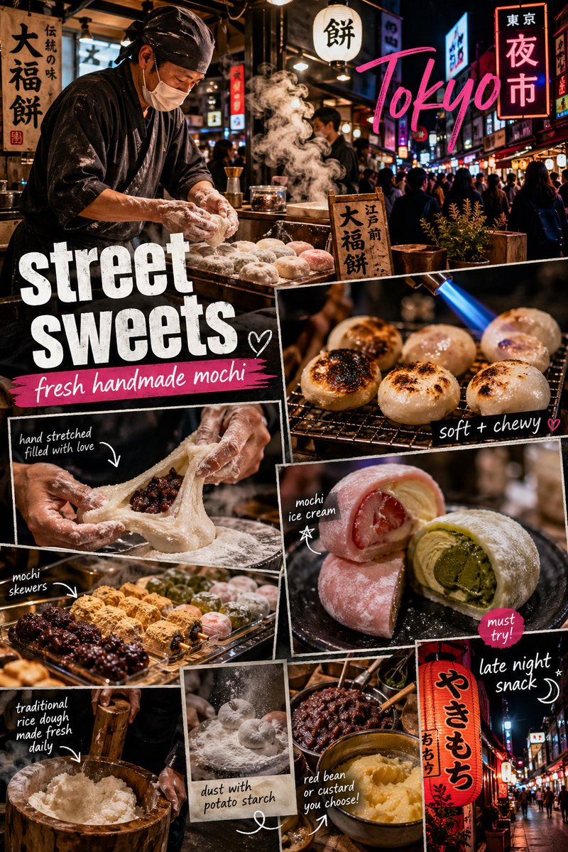 A vibrant Tokyo street food scene focused on Japanese mochi desserts, s…
