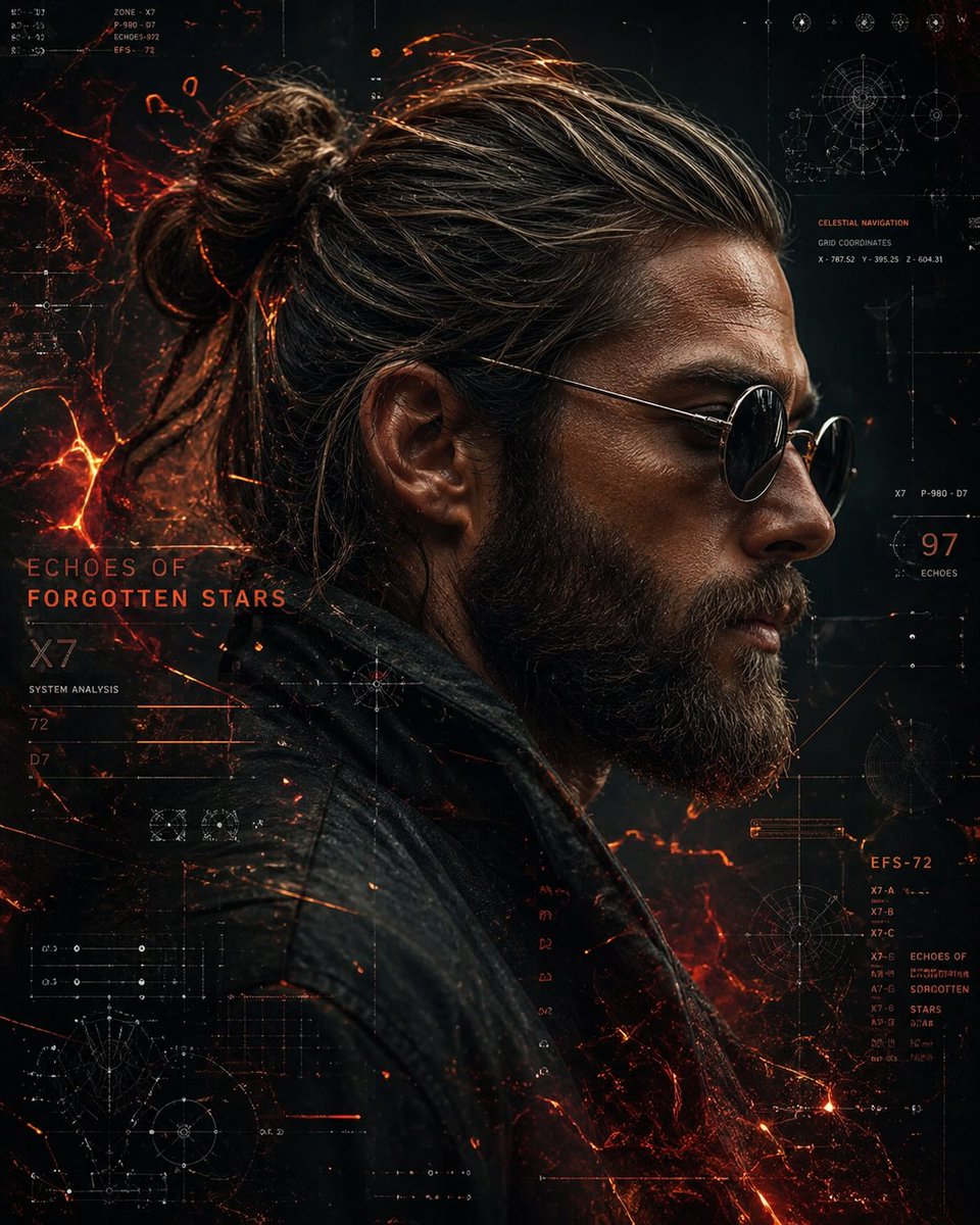 A cinematic side-profile portrait of a rugged man with a tied-back bun …