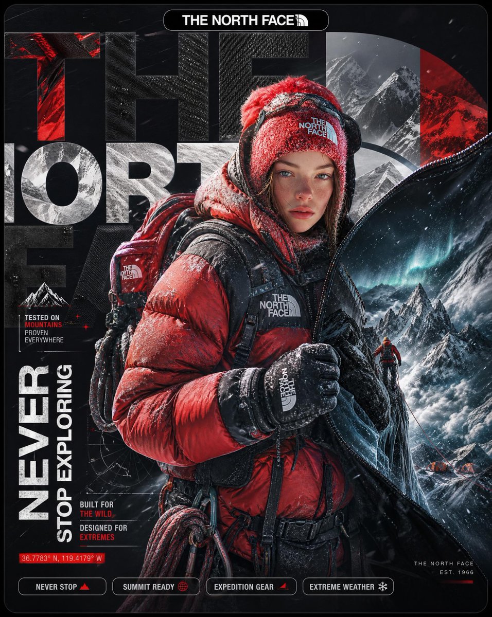 A hyper-detailed surreal advertising poster for The North Face. BACKGRO…