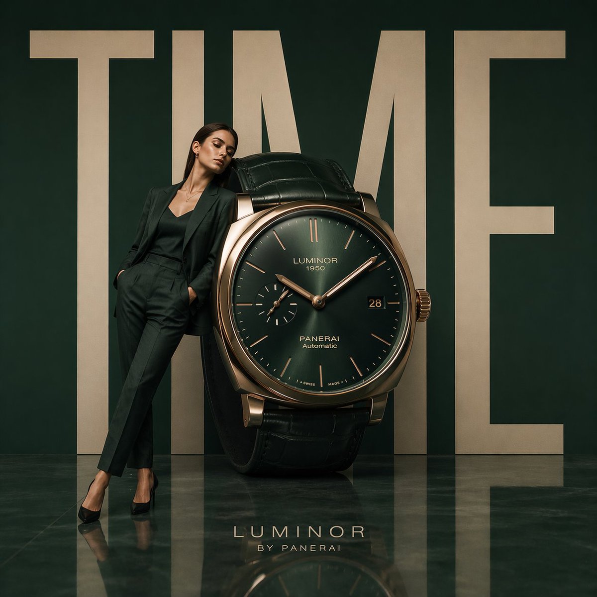 Minimalist luxury watch campaign, oversized wristwatch positioned like …