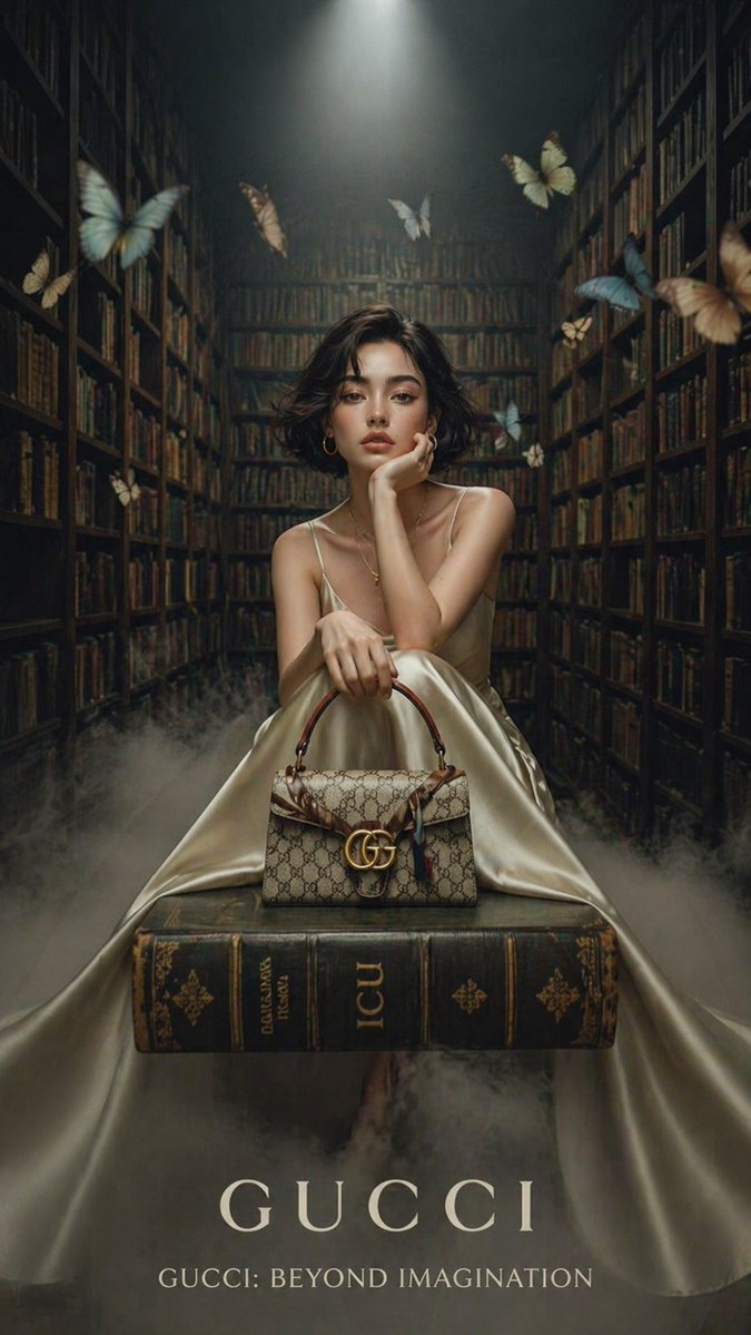 A cinematic luxury fashion editorial set inside a grand vintage library…