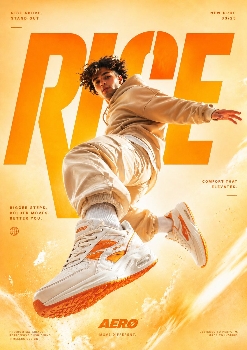 A cinematic, high-end sneaker advertisement poster featuring a young ma…