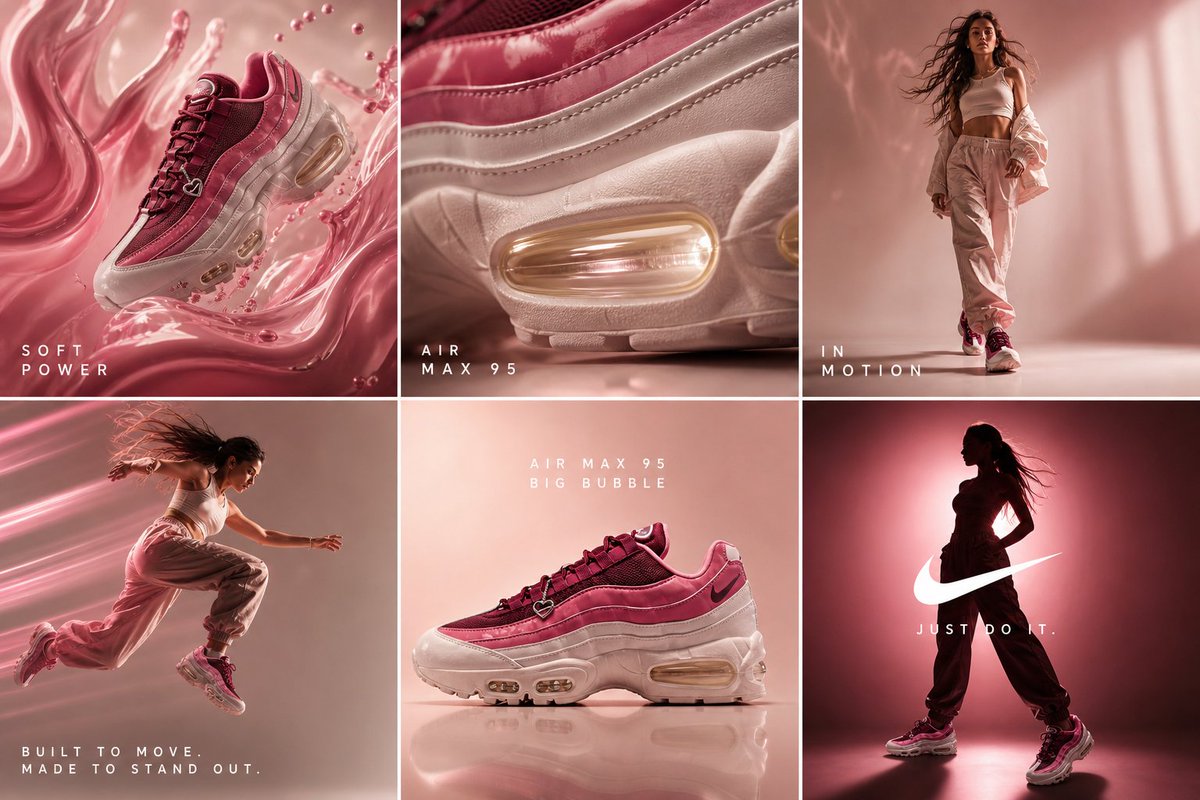 cinematic 6-frame grid (3x2), ultra-premium campaign for Nike Air Max 9…