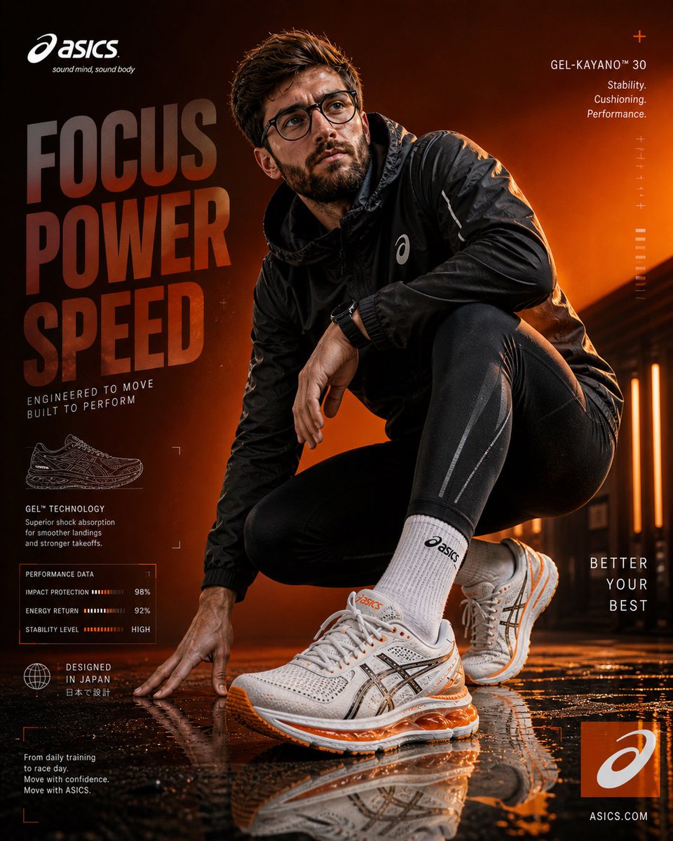 Create an ultra-high resolution (8K) premium ASICS sportswear advertise…