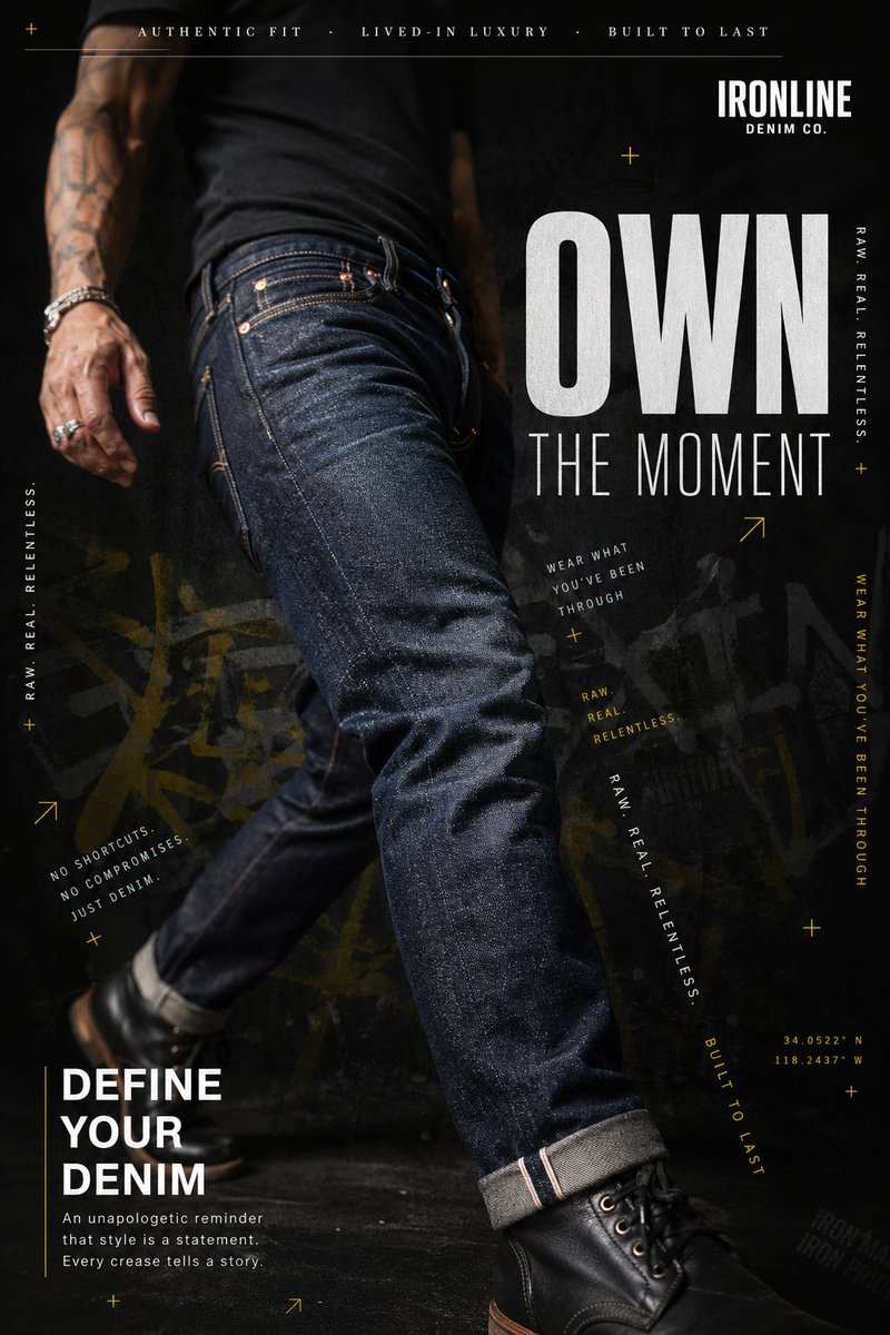 A hyperrealistic premium denim advertisement shot in a dark, moody edit…