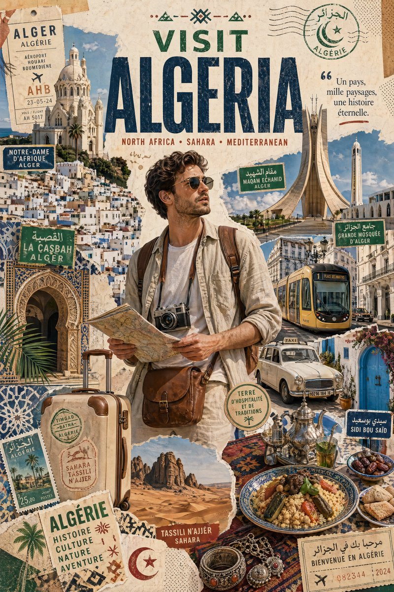 Create a stylized travel poster / graphic collage for [ALGERIA]. The ma…