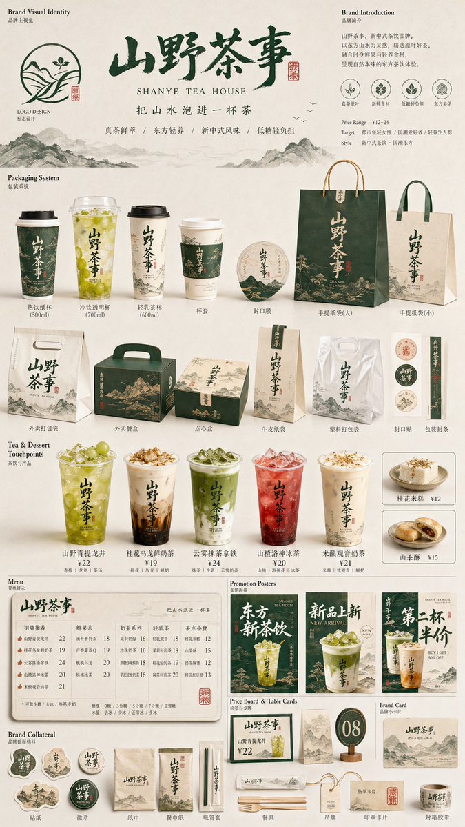 生成一张[餐饮品牌触点矩阵]系列视觉图，用于展示一个完整的餐饮品牌视觉系统与包装应用方案。 这是一个面向餐饮行业的品牌VI样机展示板 / 包装…