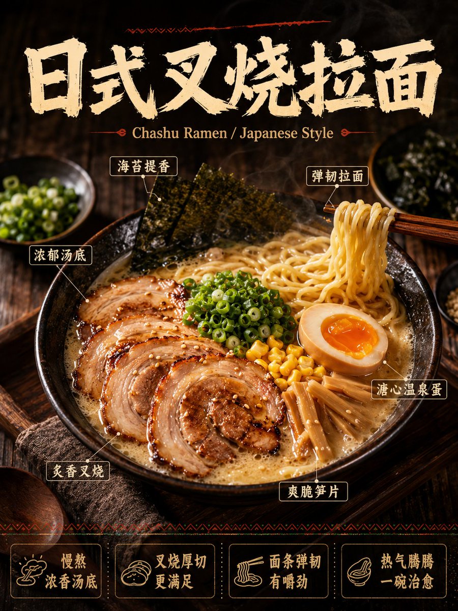 请生成一张高完成度的「中文主导餐饮商业美食海报」。 品类:[主题品类] 主标题:[中文主标题] 副标题:[英文辅助副标题](可选,小字辅助) …