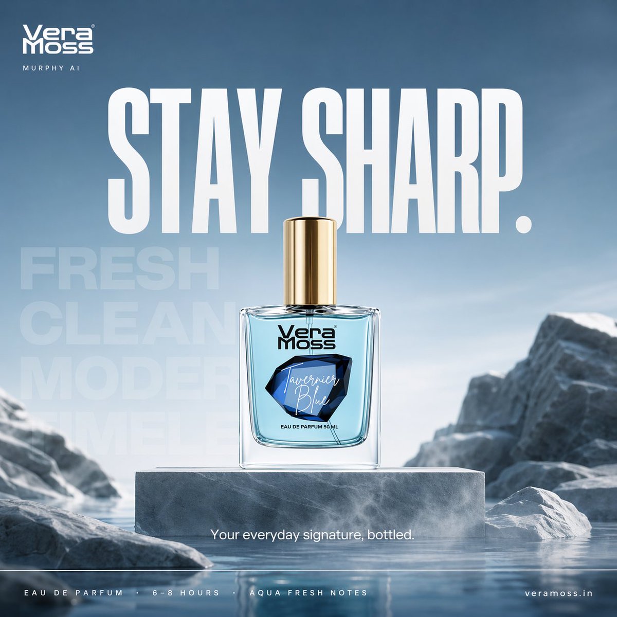Hyper-realistic cinematic perfume billboard poster for Vera Moss Tavern…
