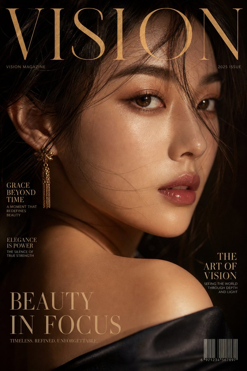 Luxury extreme close-up portrait, magazine cover style, title "VISION",…