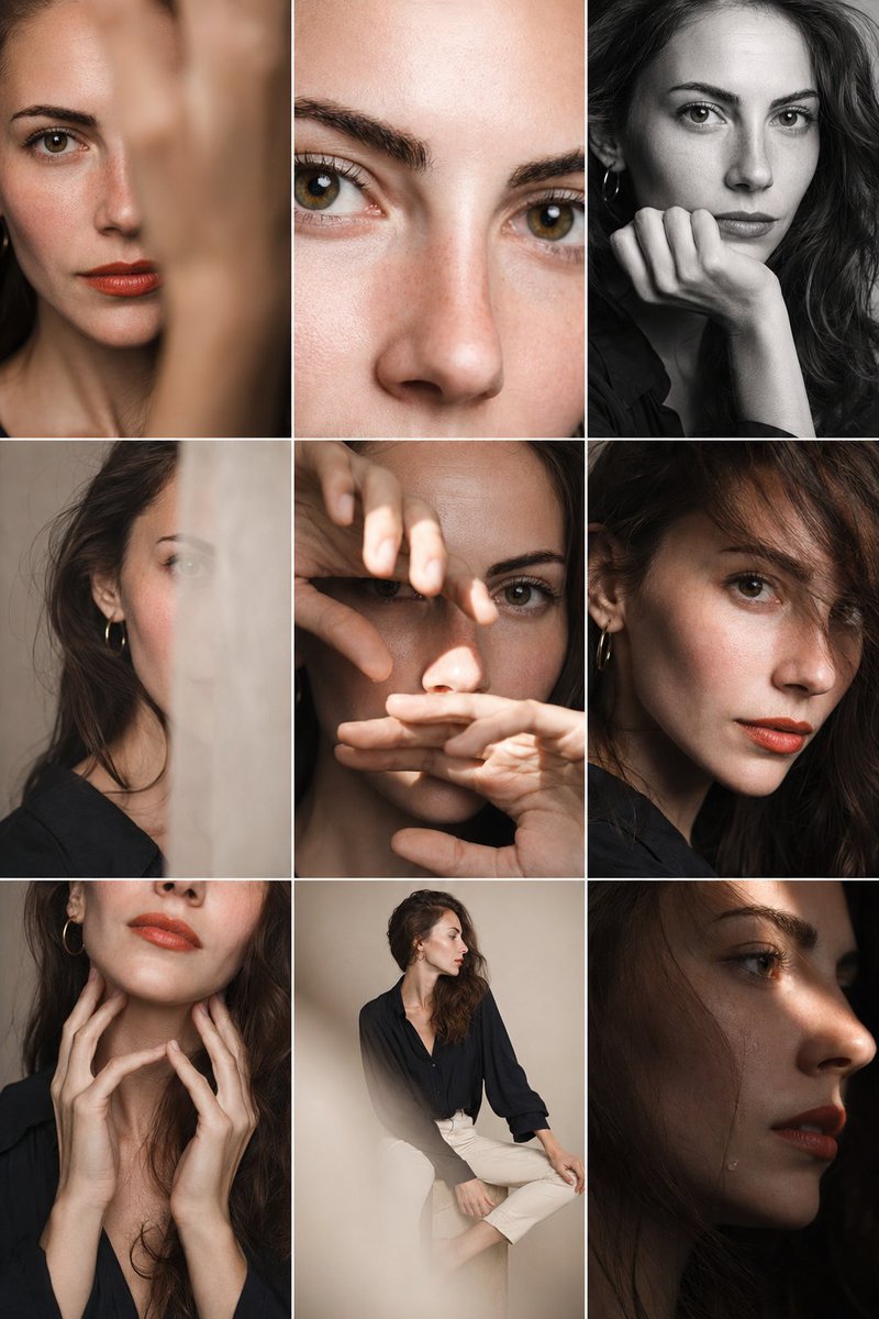 Editorial 3x3 photo grid in a clean soft beige studio. Character (match…