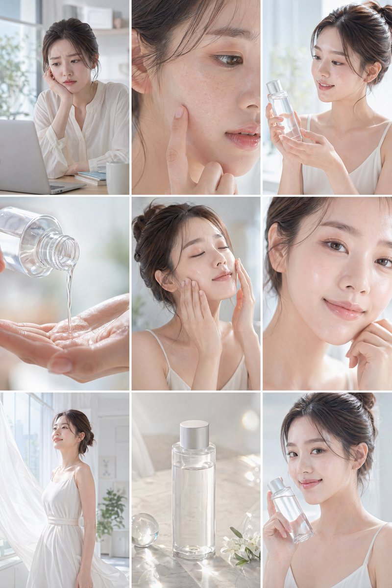 Create a clean, bright skincare commercial storyboard in a 16:9 layout …