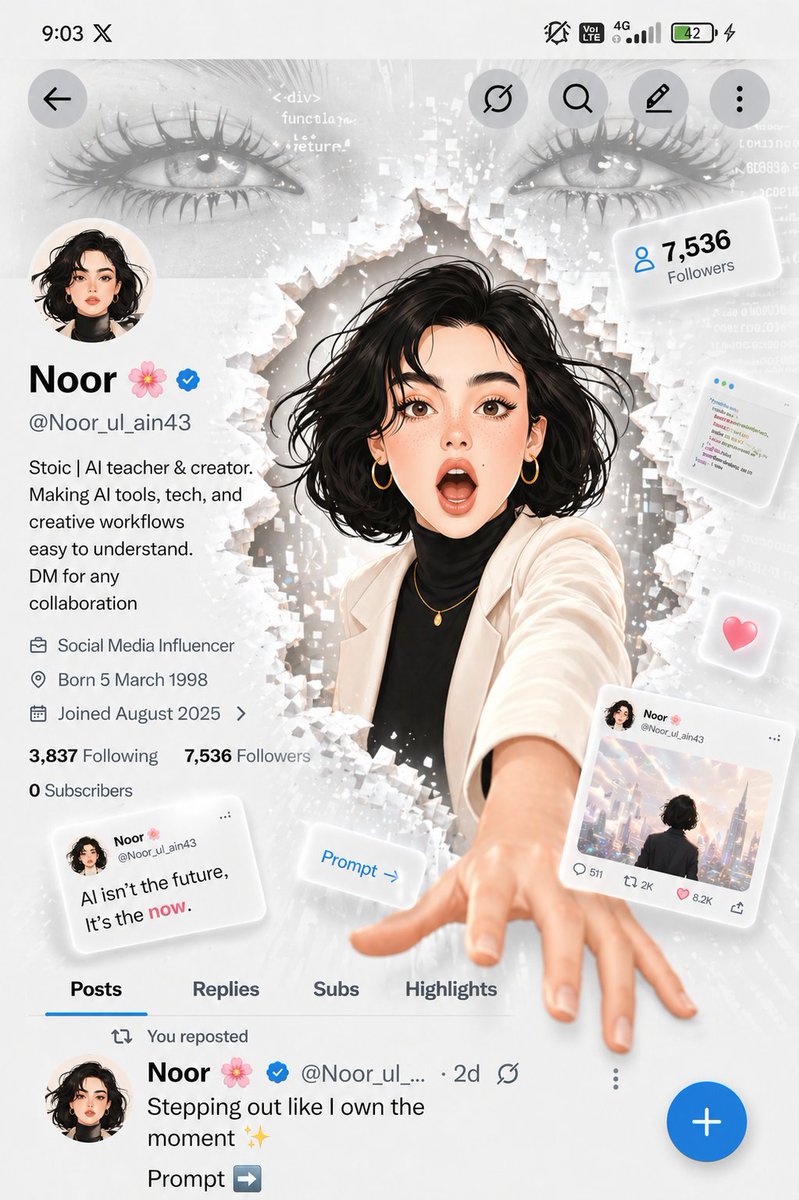 A futuristic social media profile UI in a clean white minimal aesthetic…