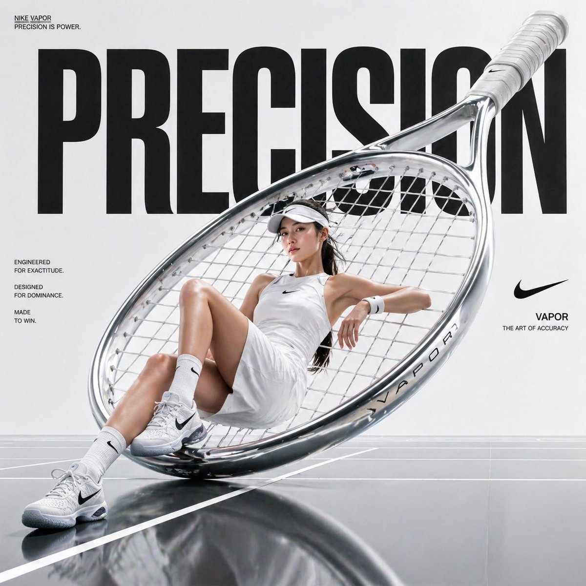 Avant-garde sports fashion advertisement, oversized tennis racket posit…
