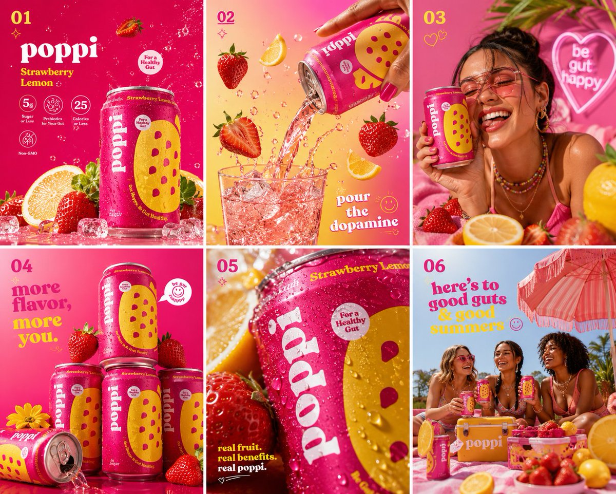 Ultra vibrant Poppi Strawberry Lemon soda hero shot, hot pink seamless …