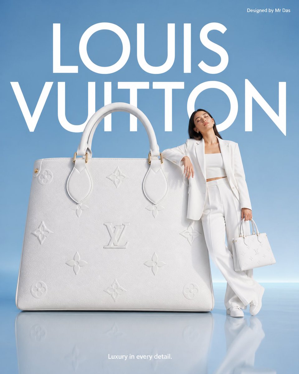 Minimalist commercial ad featuring oversized white Louis Vuitton handba…