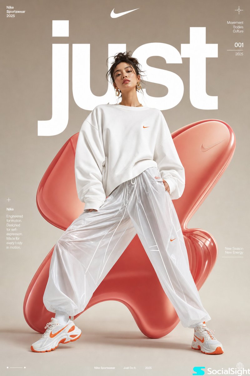High-fashion futuristic sportswear editorial poster, full-body female m…