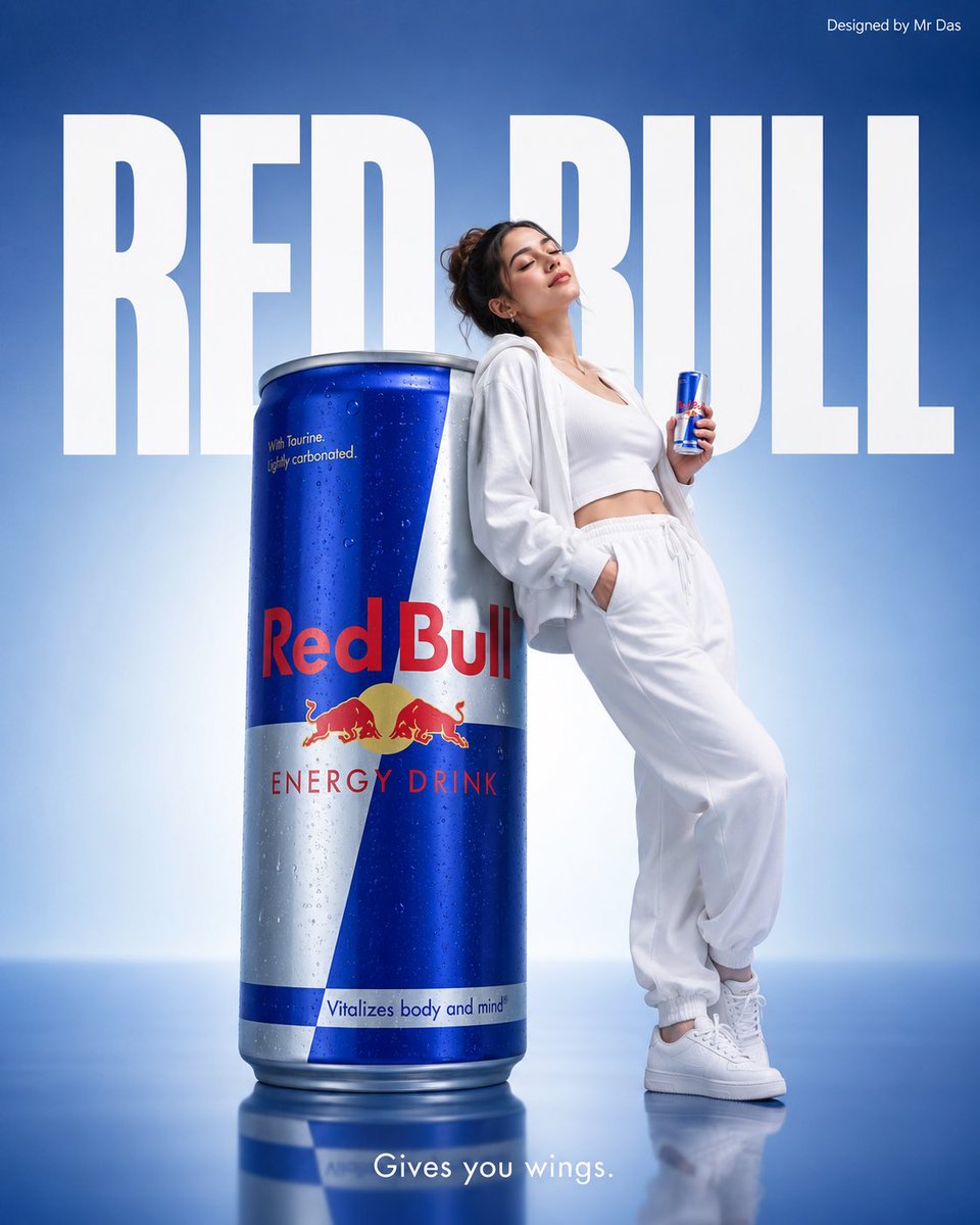 Minimalist commercial ad featuring oversized Red Bull Energy Drink can,…