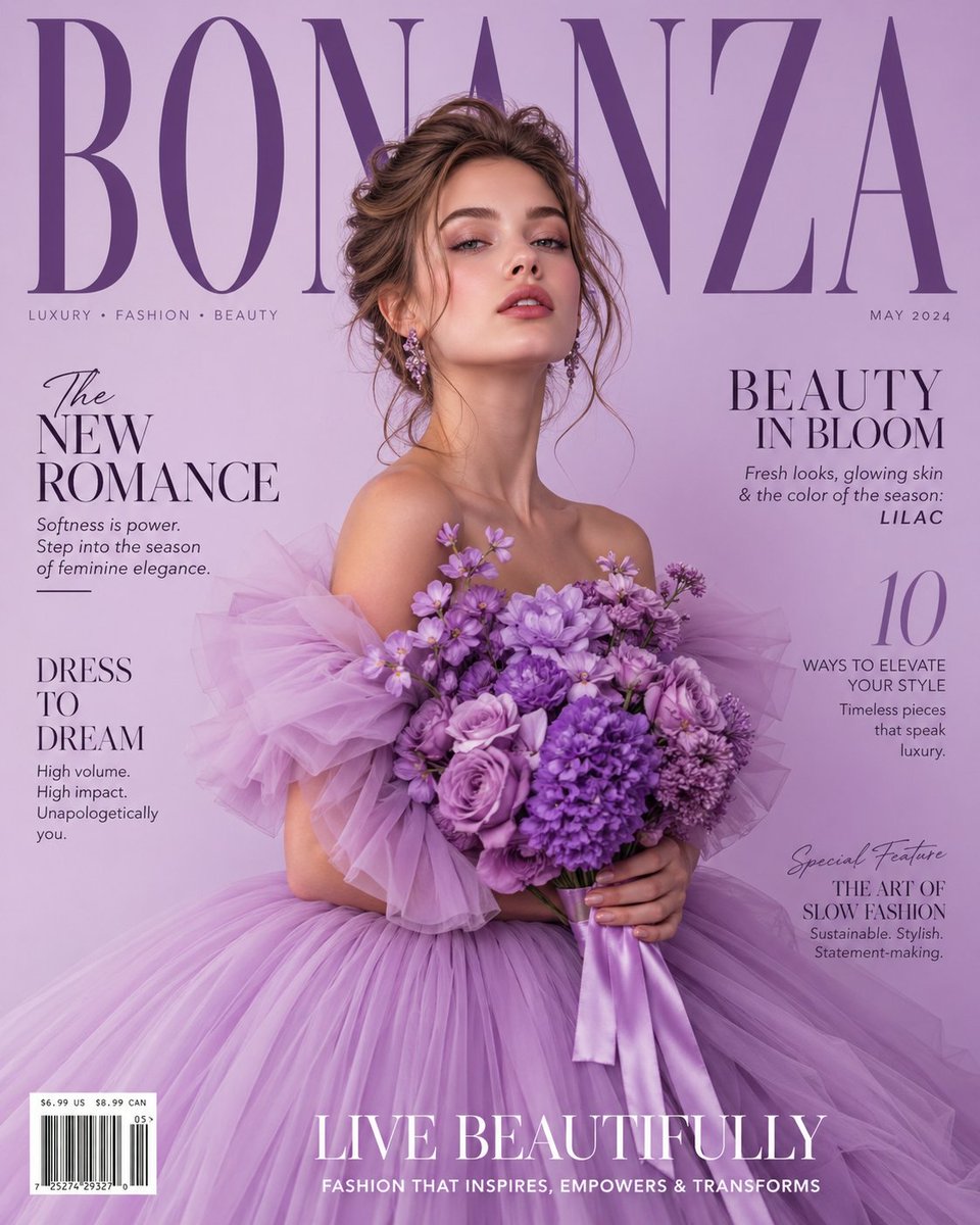 A luxury high-fashion magazine cover in a soft light purple (lavender) …