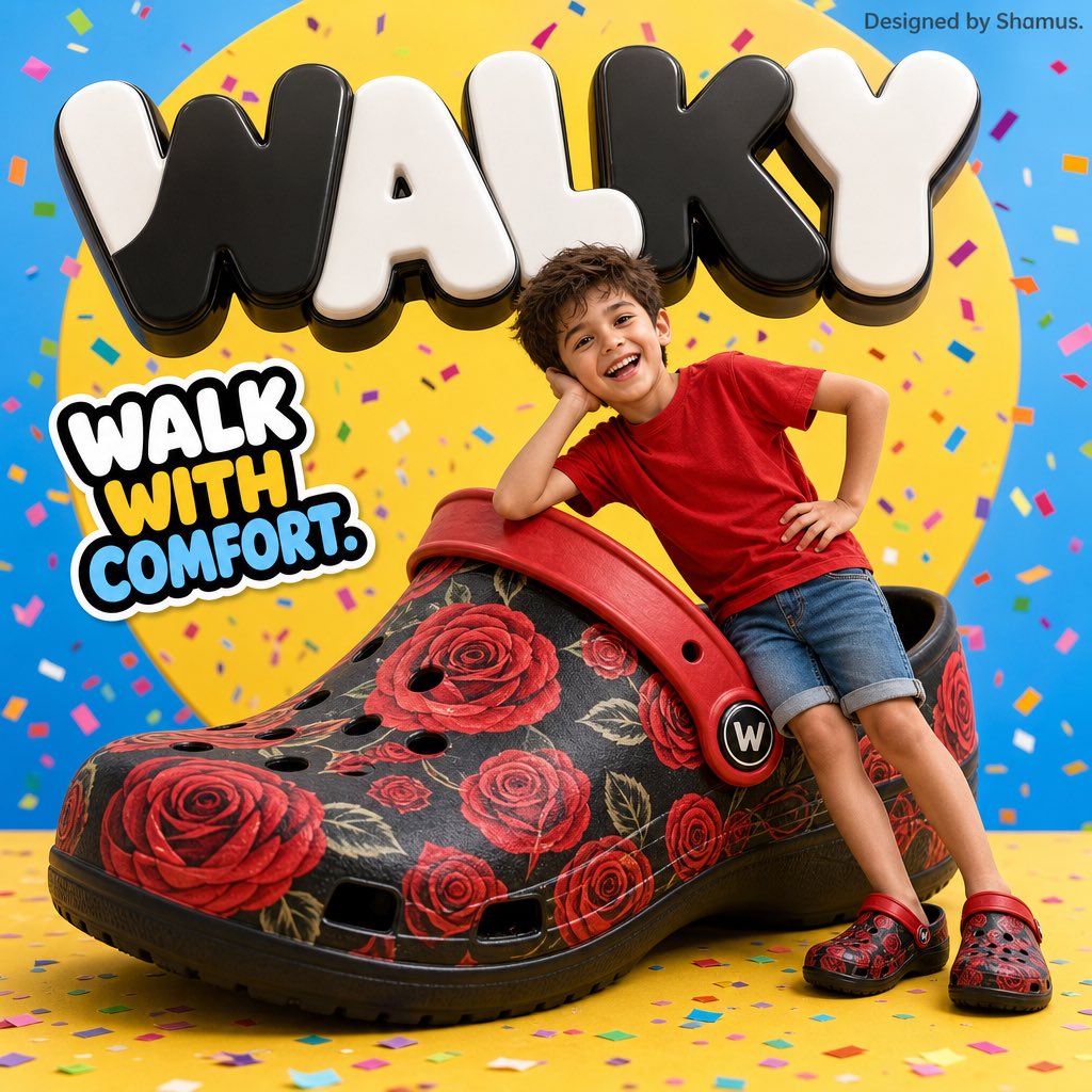A vibrant children’s shoe advertisement poster featuring a joyful 7-yea…