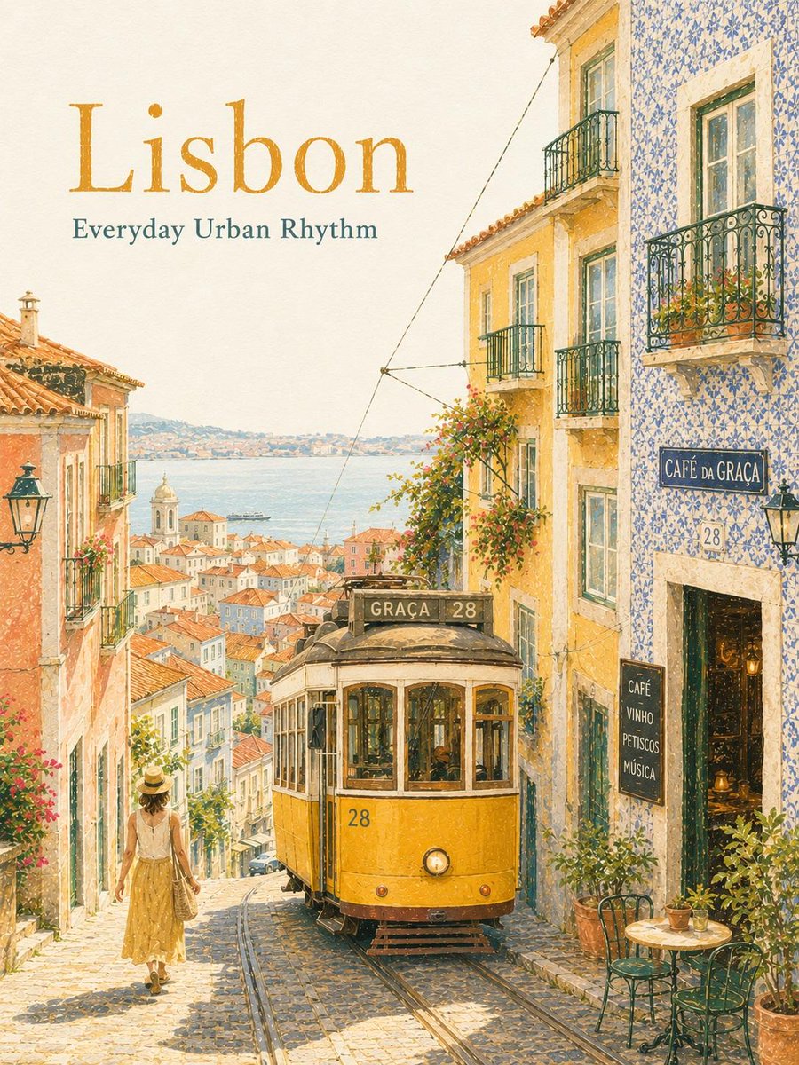Dreamy vintage travel poster illustration of Lisbon, Portugal, featurin…