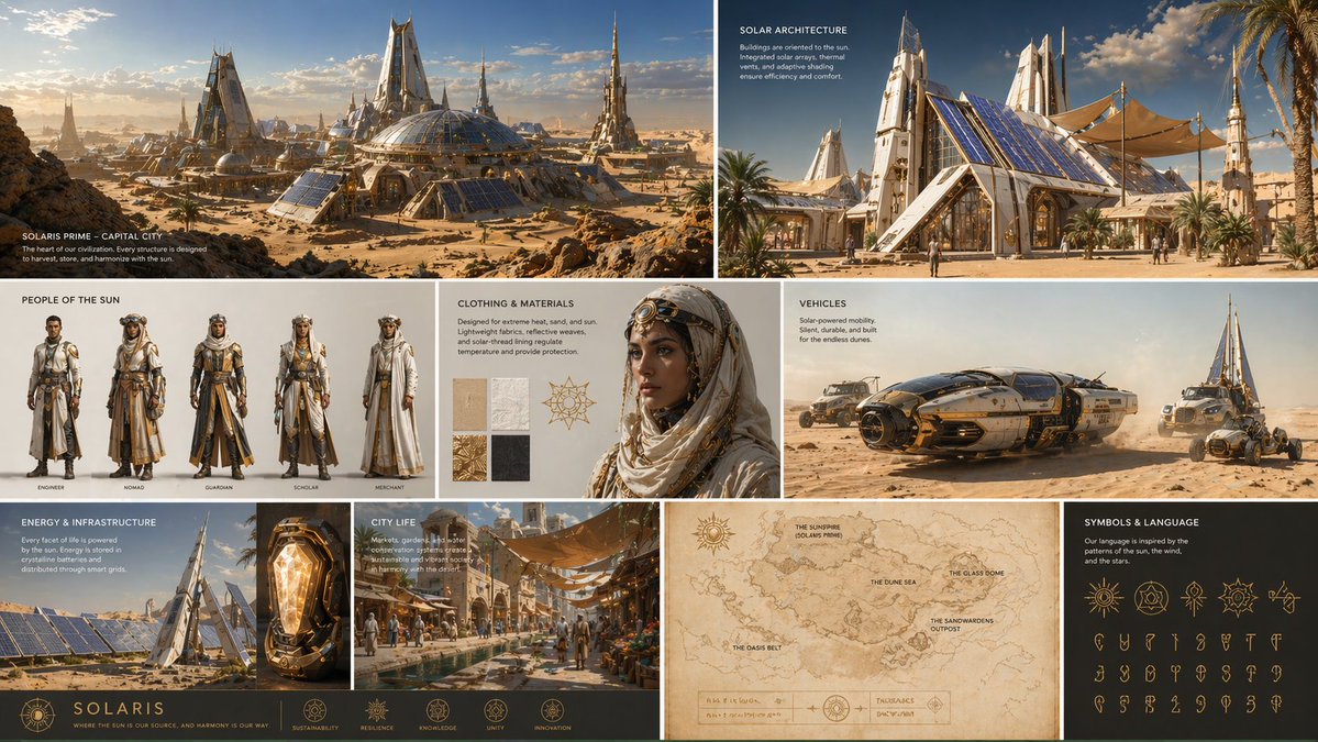 Create a complete visual worldbuilding set for a futuristic desert civi…