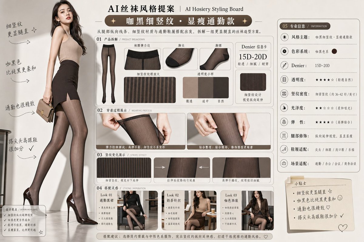 请生成一张横向 4:3 的中文版「AI丝袜风格提案 / AI Hosiery Styling Board」图片。 画面定位： 高级女性向丝袜风…