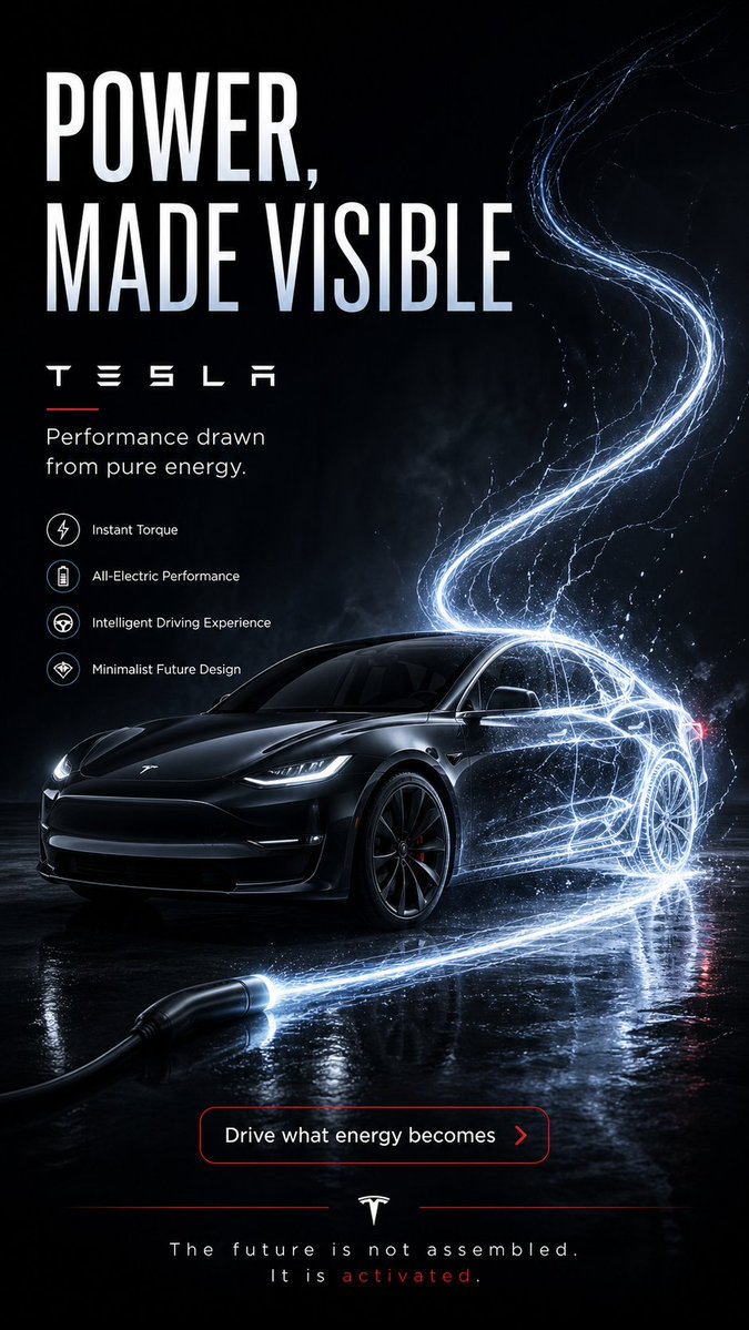 Create a brilliant 9:16 vertical advertising poster for Tesla. The conc…